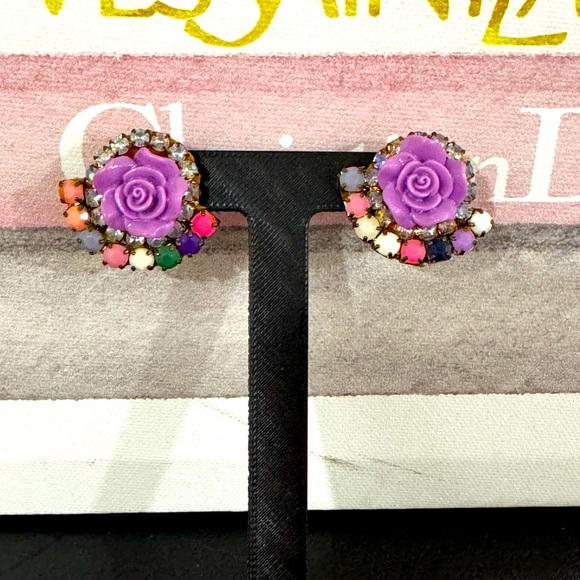 Handmade Lilac Rose Earrings Rhinestone Pastel Studs - Picture 1 of 4